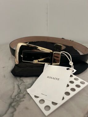 KHAITE Lucca Black Leather Belt with Gold Buckle Accent size 90